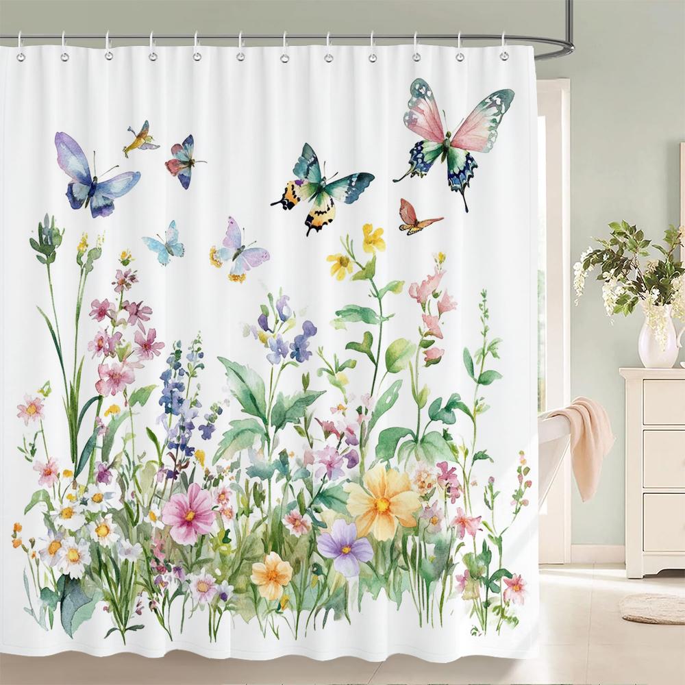 Watercolor Flowers, Leaves And Butterflies Shower Curtain Floral Printed Bathroom Bath Curtain Home Decor Curtain With Hooks