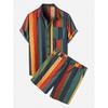 Men's Beach Style Hawaiian Two-Piece Shirt Set Colorful Striped Short Sleeved Shorts Set