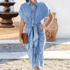 Washed Denim Midi Dress: Shirt Collar Tie-Waist Pleated Side Slit Slim Fit Sexy Casual Dress for Women, Stretch Comfort Casual Chic Outfit