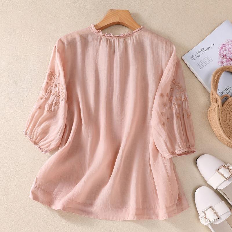 Summer Literary Loose Embroidered Flower V-neck Five-point Sleeve Shirt Women's Shirt Top