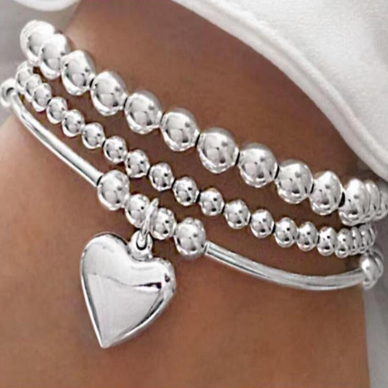 

Simple Bead Love Heart Bracelet Set For Women Vintage Minimalist Elegant Exquisite Round Bracelets Vacation Jewelry серебряный