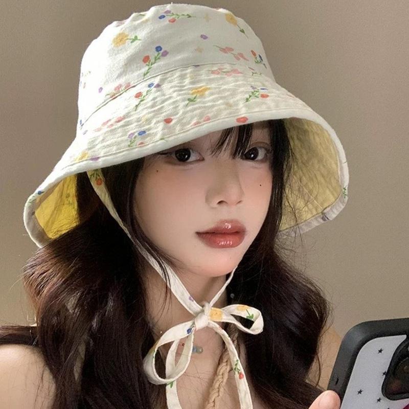New Floral Print Fisherman Hat for Women Summer Lace-up Cotton Sunscreen Bucket Cap Korean Girl Outdoor Beach Travel Basin Cap