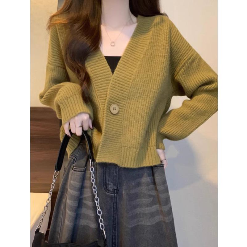 V-neck Fashion Women One Button Cardigan Short Sweater Autumn /Winter Long Sleeve Knitted Jackets Solid Color Elegant Loose Office Basic Casual Coats