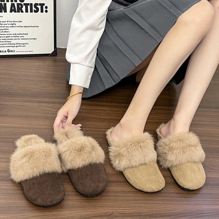 2025 Autumn and Winter New Outer Wear Bag Head Fluffy Slippers Women's Round Head Flat Bottom Half Slippers Plush Fluffy Women's Shoes