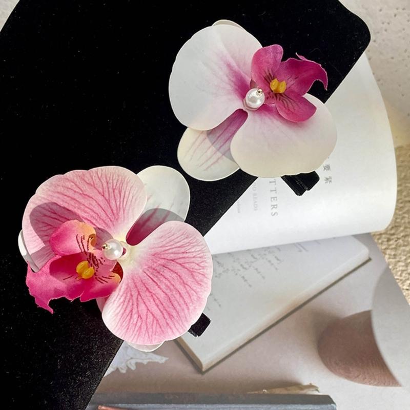 Set of 2 French Floral Hair Grip Pink Orchids Flower Hairpin Stylish Hair Grips for Girl Sweet Side Barrettes Jewelry