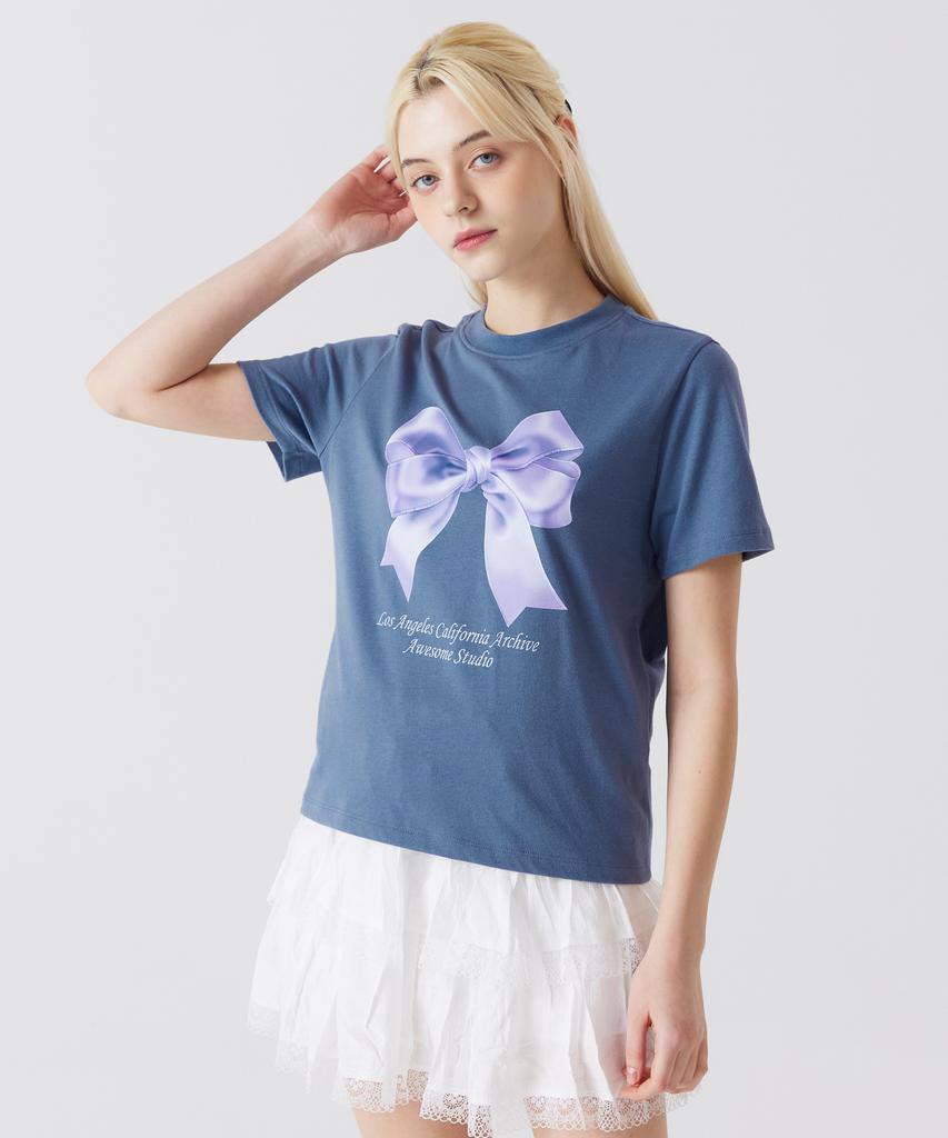 AWESOME STUDIO Ribbon Digital Print Short Sleeve T-Shirt Indigo Blue