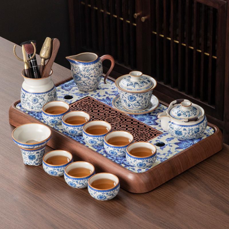 New blue and white Ru kiln Kung Fu tea set Household ceramic brewing teapot teacup drainage water storage tea tray