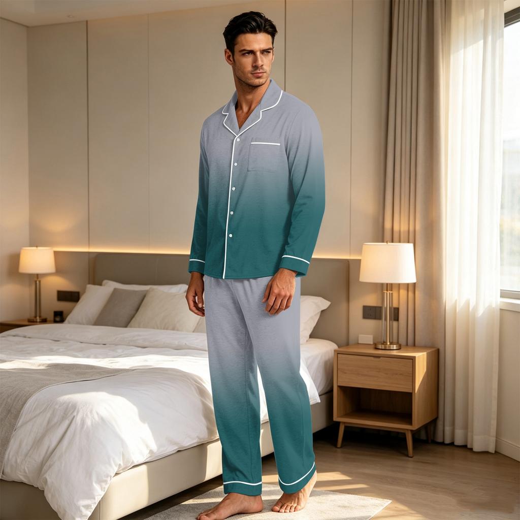 Men's Gradient Print Pajama Set: Loose Fit Lapel Cardigan & Straight Leg Pants - 2 Piece Sleepwear