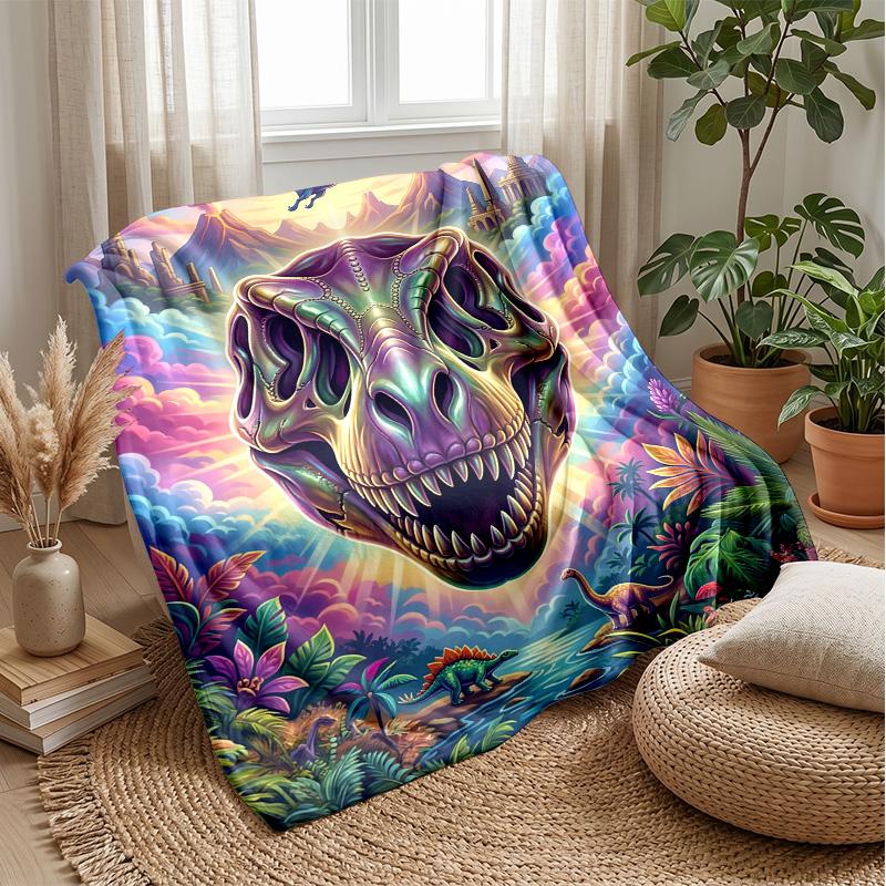 Dinosaur Skull Fantasy Landscape blanket Personalized Name Flannel Blanket Soft Cozy Plush Throw for Sofa Bed Lightweight Home Decor