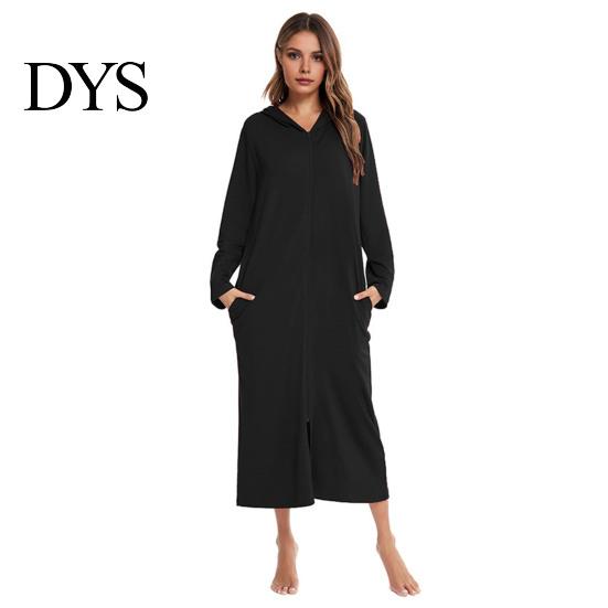 Sleep Dress Women Zip-up Nightgown Long Sleeve Loose Pure Color with Pockets Two Pocket Mid-calf Length Hooded Loungewear Daily Wear Home Bedroom Use
