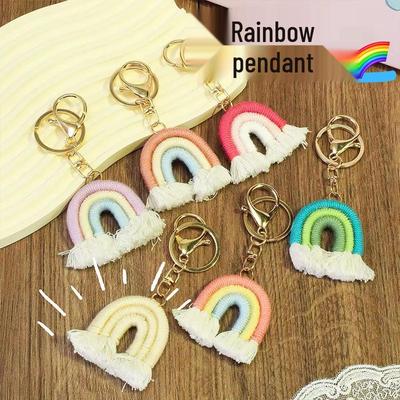 Nordic Rainbow Pendant: Cute Handmade Cotton Tassel Keychain for Bags, Cars, and Ornaments