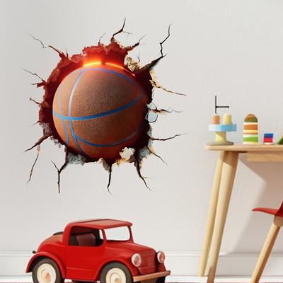 Durchbrechende Wand Fußball & Basketball Sticker, 3D Riss Sport Wandaufkleber für Kinderzimmer Wohnzimmer, Abnehmbar