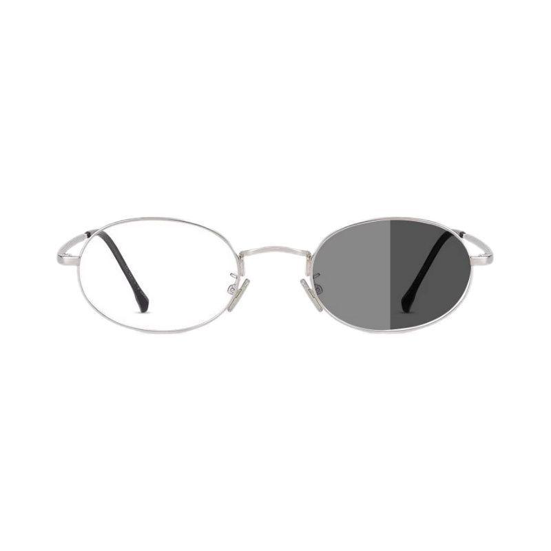 Oval Silver Small Frame Anti-Blue Light Photochromic Myopia Glasses, Prescription-Compatible, Plain Face Literary Design