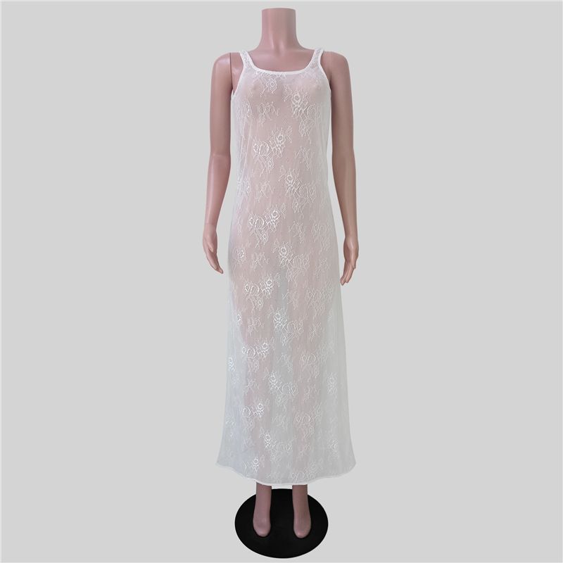 

INS European and American Sexy Slim fit See-through Lace Cover Shirt Dress Dress Long dress Sexy Lace Maxi Dress White S