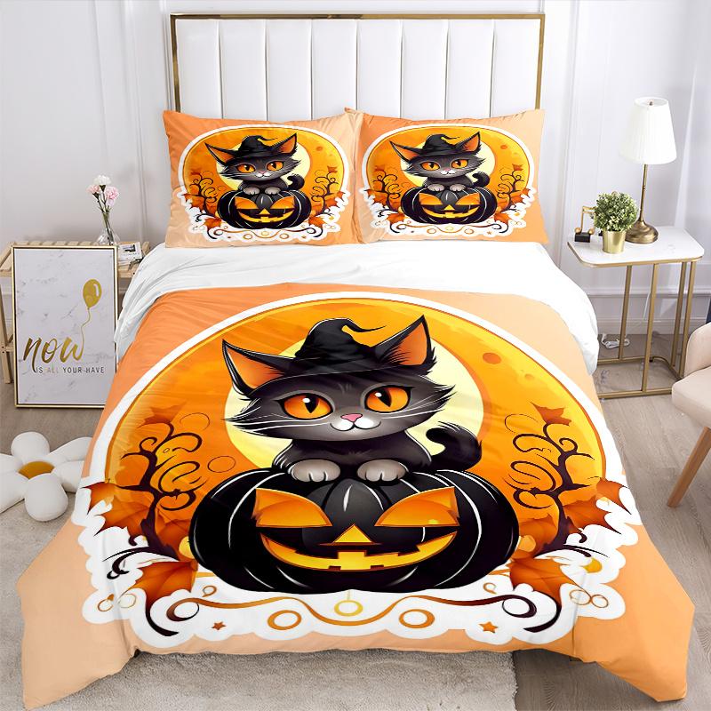 3pcs Black Pumpkin and Cat Quilt Cover Set - Soft & Comfortable Polyester Fabric, All-Season Breathable Comforter Set For 1 Quilt Cover & 2 Pillo