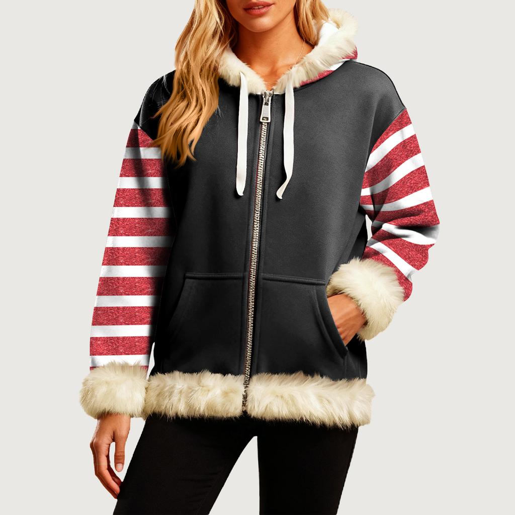 Women's Comfortable Loose Fashion Casual Striped Print Long Sleeve Pockets Hooded Sweatshirt Jacket