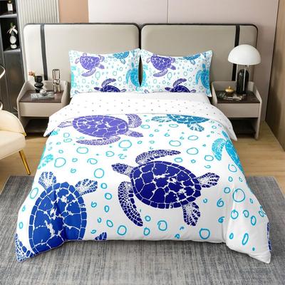 Schildkröten Bettwäsche Set Mikrofaser Teenager Bettwäsche Hellblau Niedliches 3D Set für Kleines Doppel 3-teilig, Schildkröten Bettbezug Set mit Reißverschluss