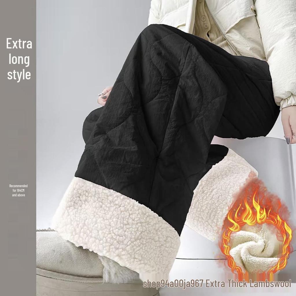 Women's Pink Fleece Cotton Wide-Leg Pants - Winter 2025 Casual Warm Plus Velvet Design
