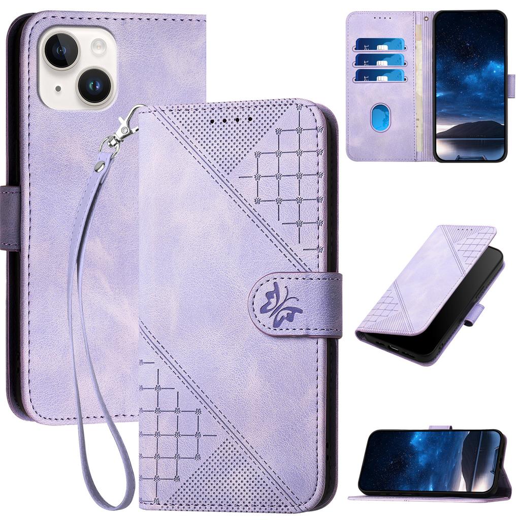 For iPhone 15 Leather Wallet Case Butterfly Flower Imprinted Phone Cover with Strap
