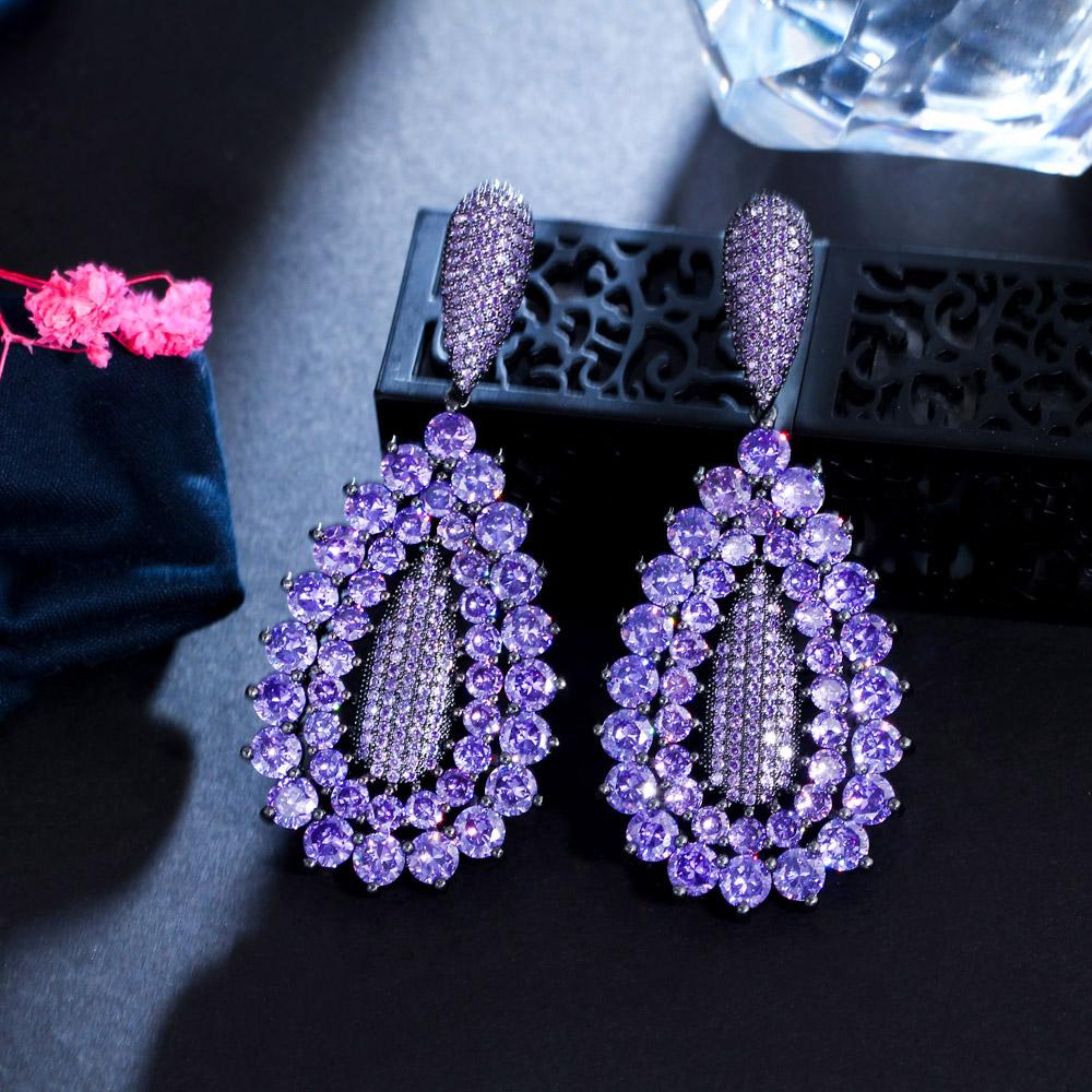 Zircons Bright Round Dark Purple Cubic Zirconia Stone Fine Large Long Dangle Wedding Bridal Earrings For Women