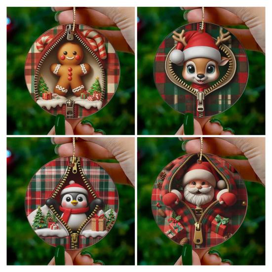 Vánoční ozdoby Santa Claus/Sobi/Tučňák/Perníkový muž v červeném kostkovaném designu na zip Kulaté 2D akrylové ozdoby na sváteční strom