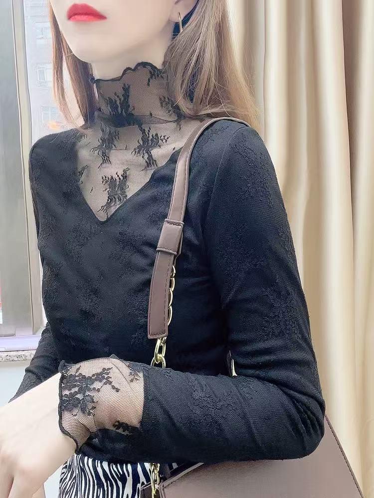 Trending Black Lace Base Layer Shirt - Autumn/Winter Plus Velvet Mesh Top for Layering with Sweaters