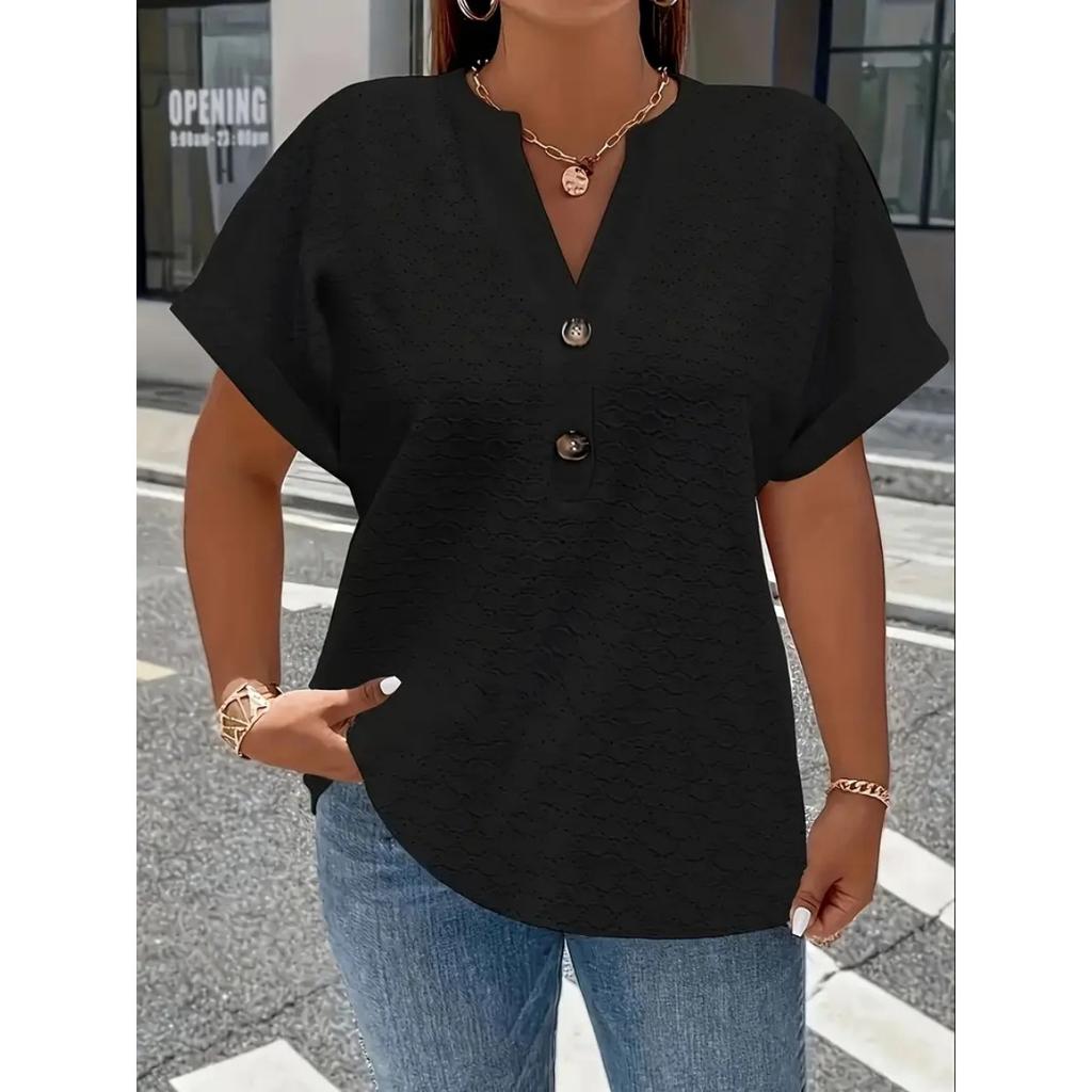 New Women's Plus Size Fashion Casual Solid V-neck Button Top, Versatile Daily Basic Shirt For Women, European American Style Crossbody Clothing