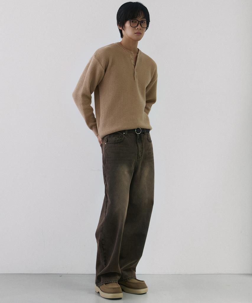 NODU Waffle Henley Neck Knit [Beige]