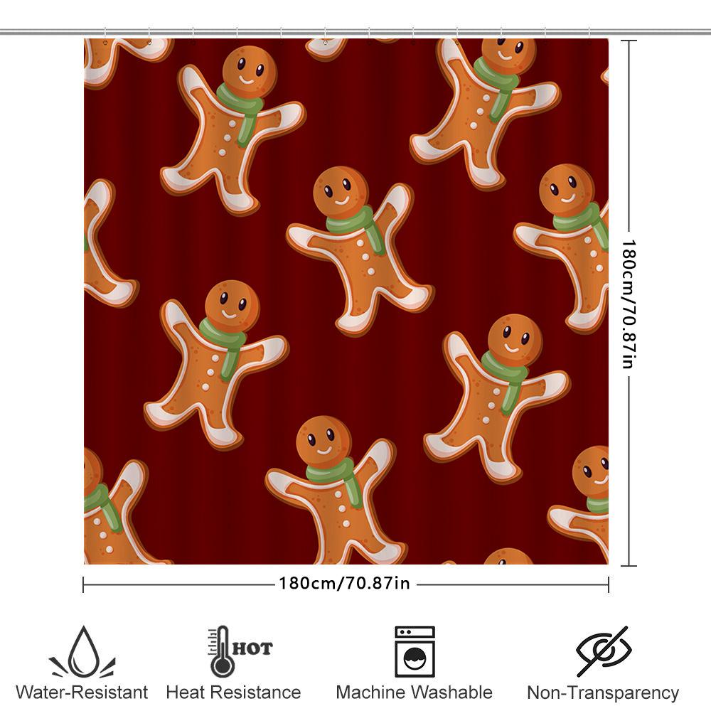 Christmas-Themed Shower Curtain With Gingerbread Man Pattern Holiday Bathroom Decor Red Fabric Shower Curtain For Home Decoratio
