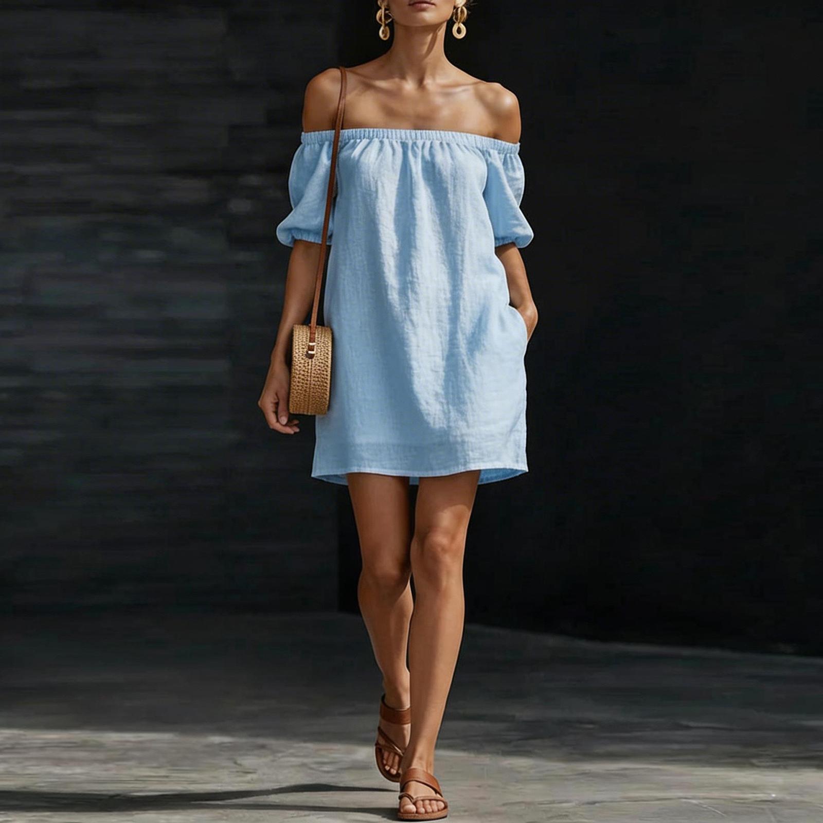 

Off Shoulder Short Sleeve Loose Fit Mini Dress with Elastic Neckline and Puff Sleeves for Women Casual Wear S синий