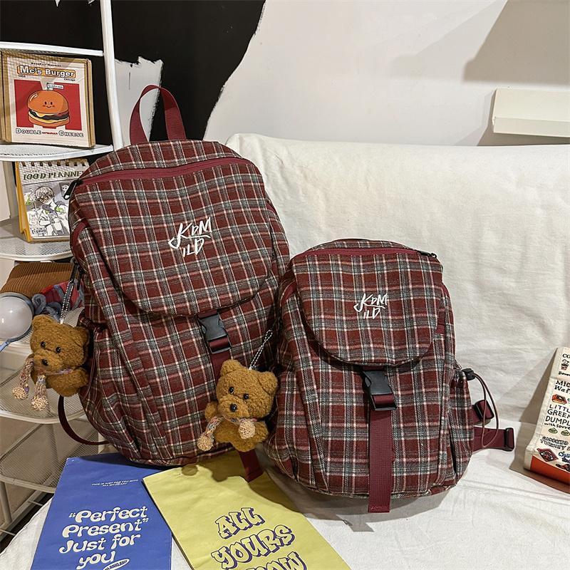 Vintage Plaid Backpack College Style Junior High School Student Schoolbag