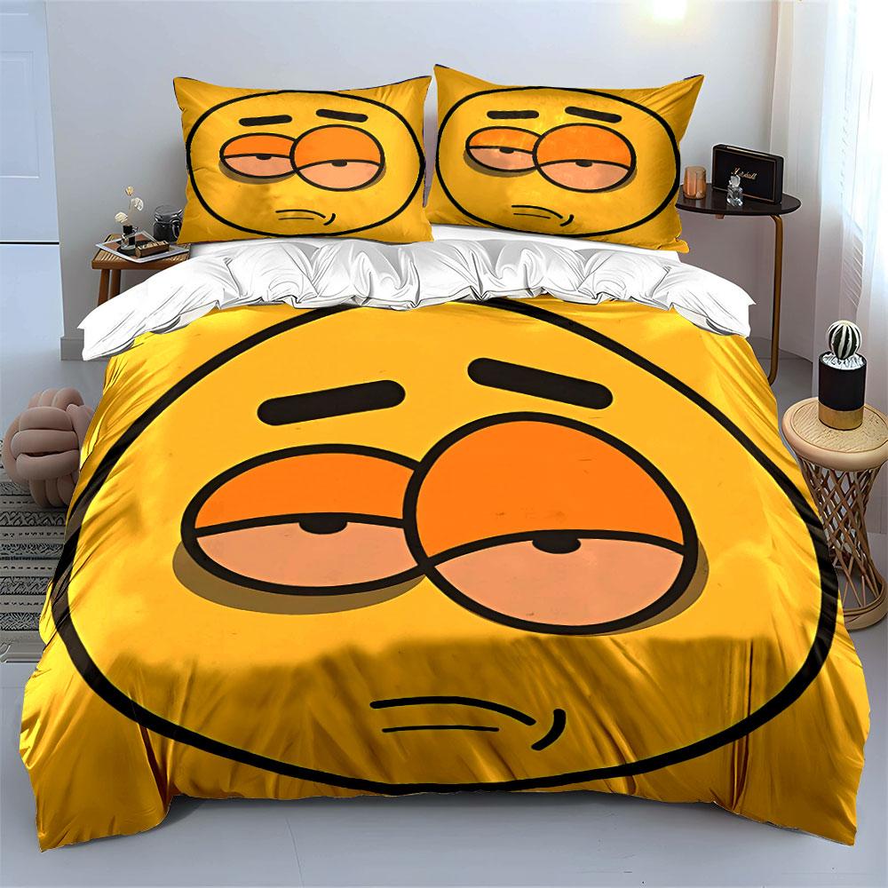 3Pcs Sleepy Lazy Face Cartoon Duvet Cover Set, Solid Yellow Minimal Emoji Bedding with 1 Duvet Cover 2 Pillowcases, Gift