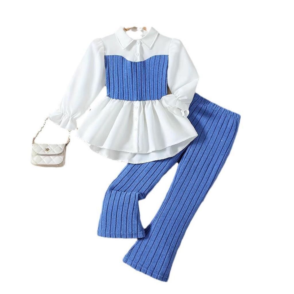 Girls' Cross-Border Pink Knitted Vest with Lace Shirt & Wool-Blend Striped Pants Set