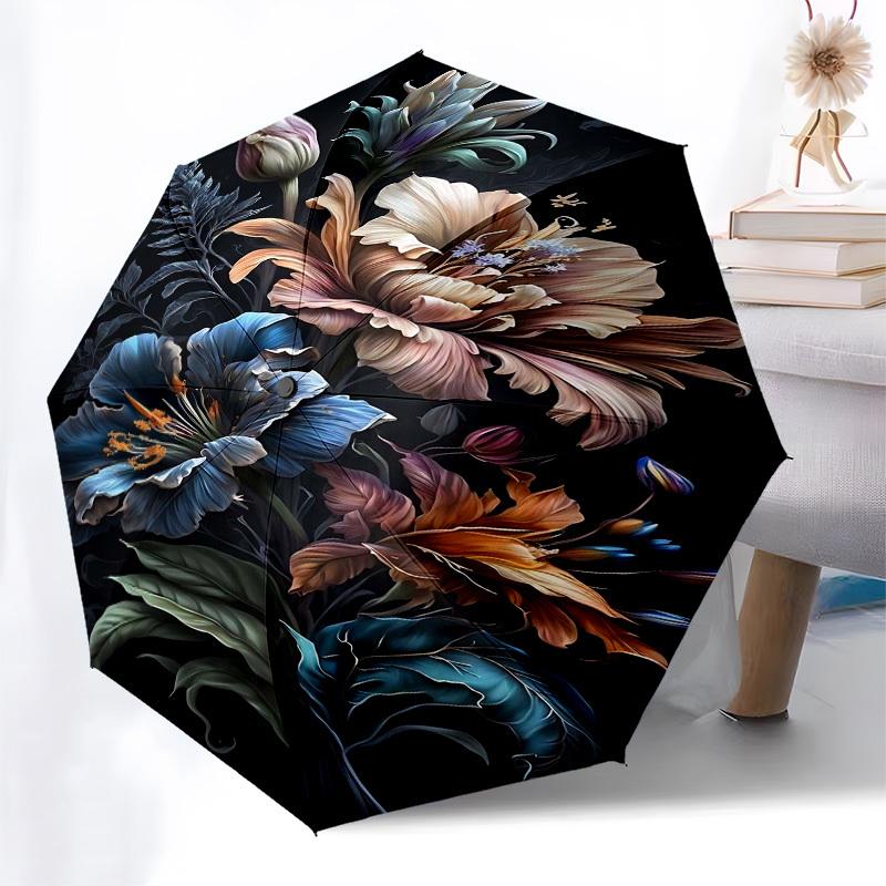 1pc Floral ArtworkOpen/Close Umbrella-Windproof, Compact Travel Umbrella, Sturdy 8-Rib Shaft, Outdoor Accessory, 1022