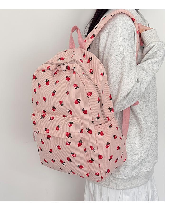 Korean Style Corduroy Strawberry Backpack for Trendy College Girls