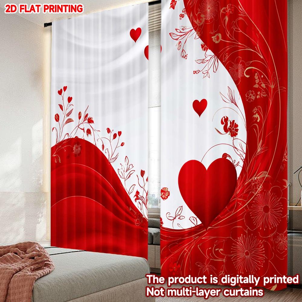 Set Of 2 Flat Printing Happy Valentine Day Curtain Romantic Hearts Digital Printed Polyester Drapes Festive Wall Decor Art