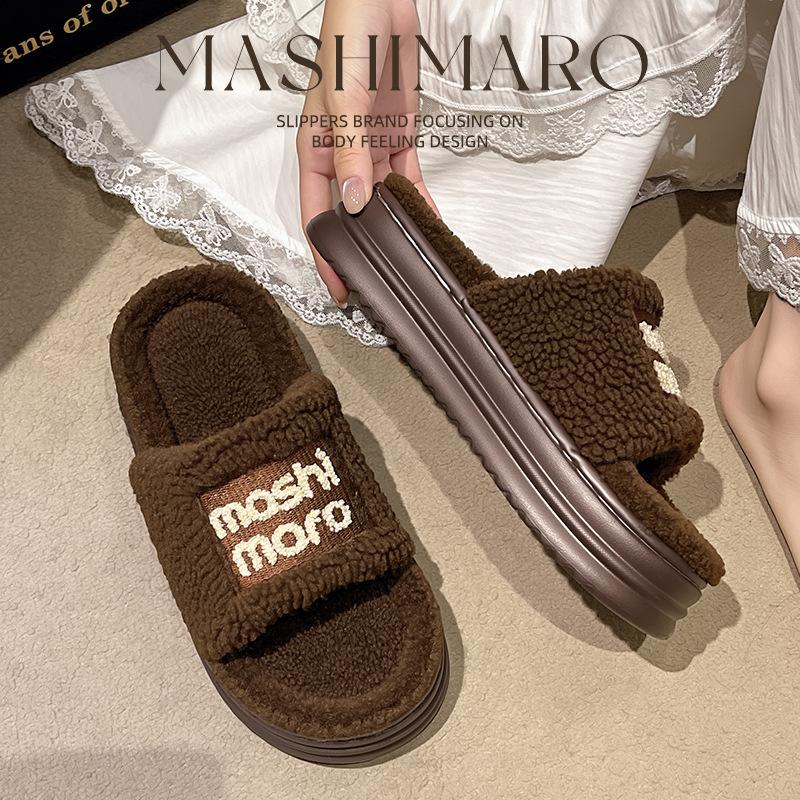

Fluffy slippers women s autumn and winter wear fashion thick-bottomed non-slip home lamb wool open-toed cotton slippers women 40/41