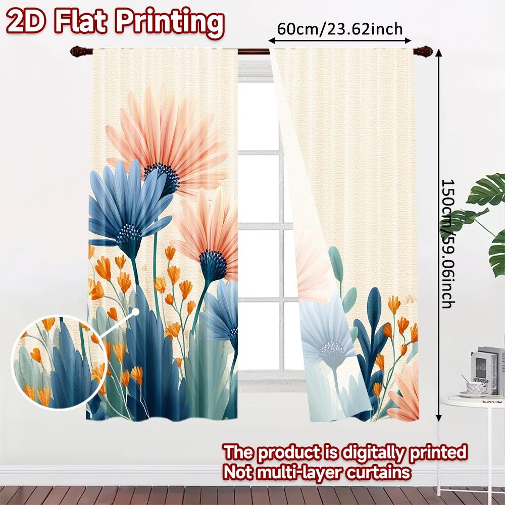 Flat Printing Curtains Without Rod Floral Spring Design Ramadan Festival Chic Print Set Of 2 Made Polyester Machine Washable