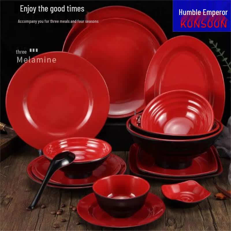 Qianxing Black & Red Melamine Flat Plate (Set of 10)