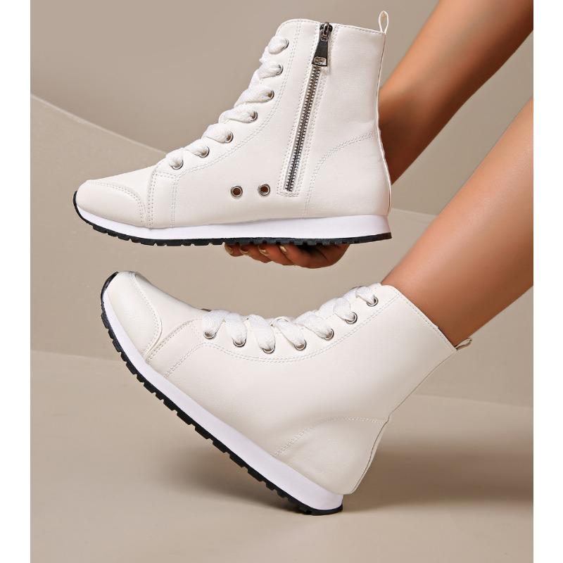 Fashion Women's Chic High-Top Boots with Side Zipper Lace-up Comfortable Fabric Lining Sneakers White Black Fashion High Gang Shoes