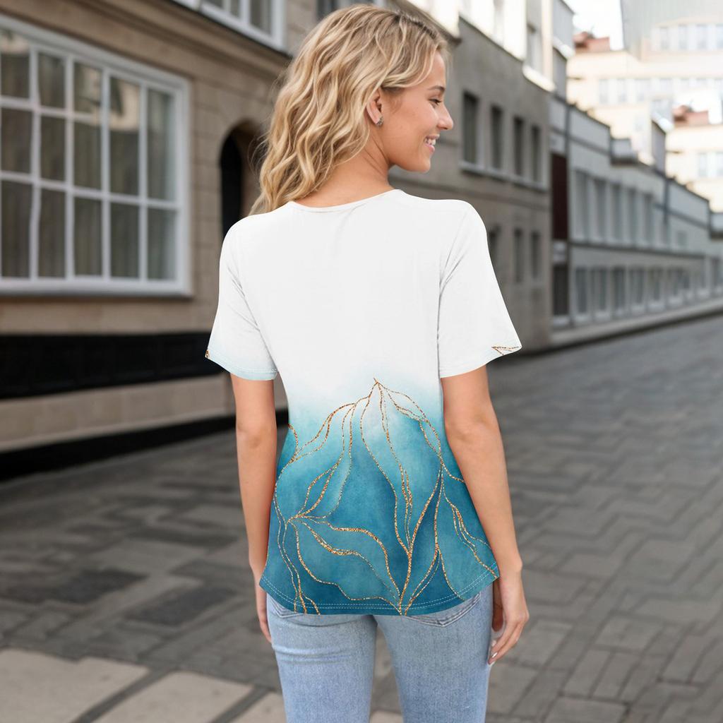 Damen T-Shirt mit lässigem Print, asymmetrischem Halsausschnitt, kurzen Ärmeln, dekorativen Knöpfen