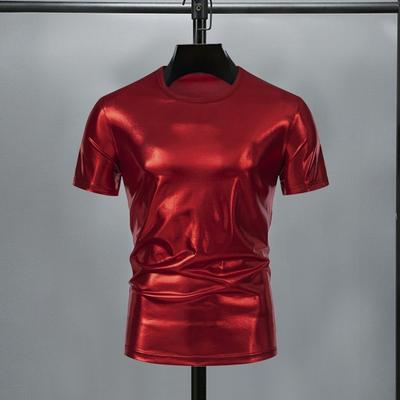 Men T-shirt Glossy Surface Bronzing Fit O Color Neck Solid Slim Short Sleeves Pullover Party Club Performance Dance