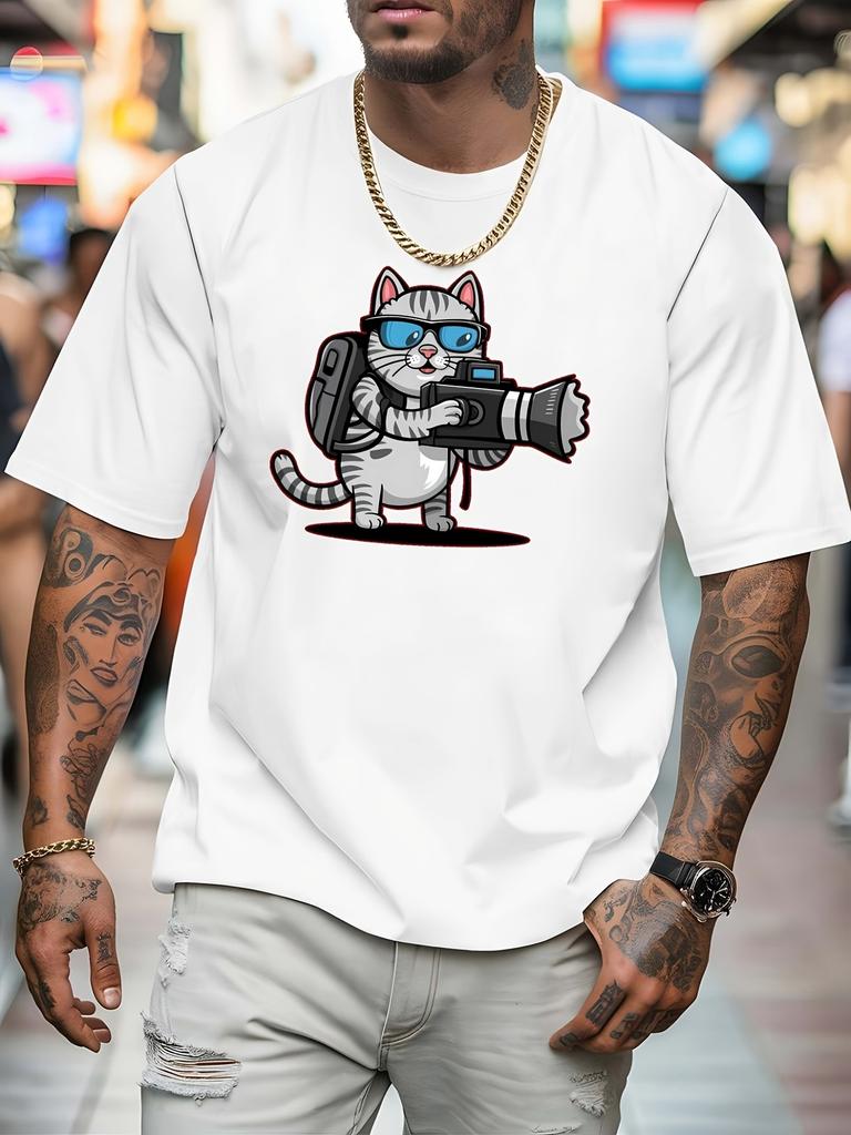 White Unisexs Tee Photographer Cat Cartoon Print Crew Neck Cotton Short Sleeve Fashion Male Street Summer Soft Daily Casual Wear