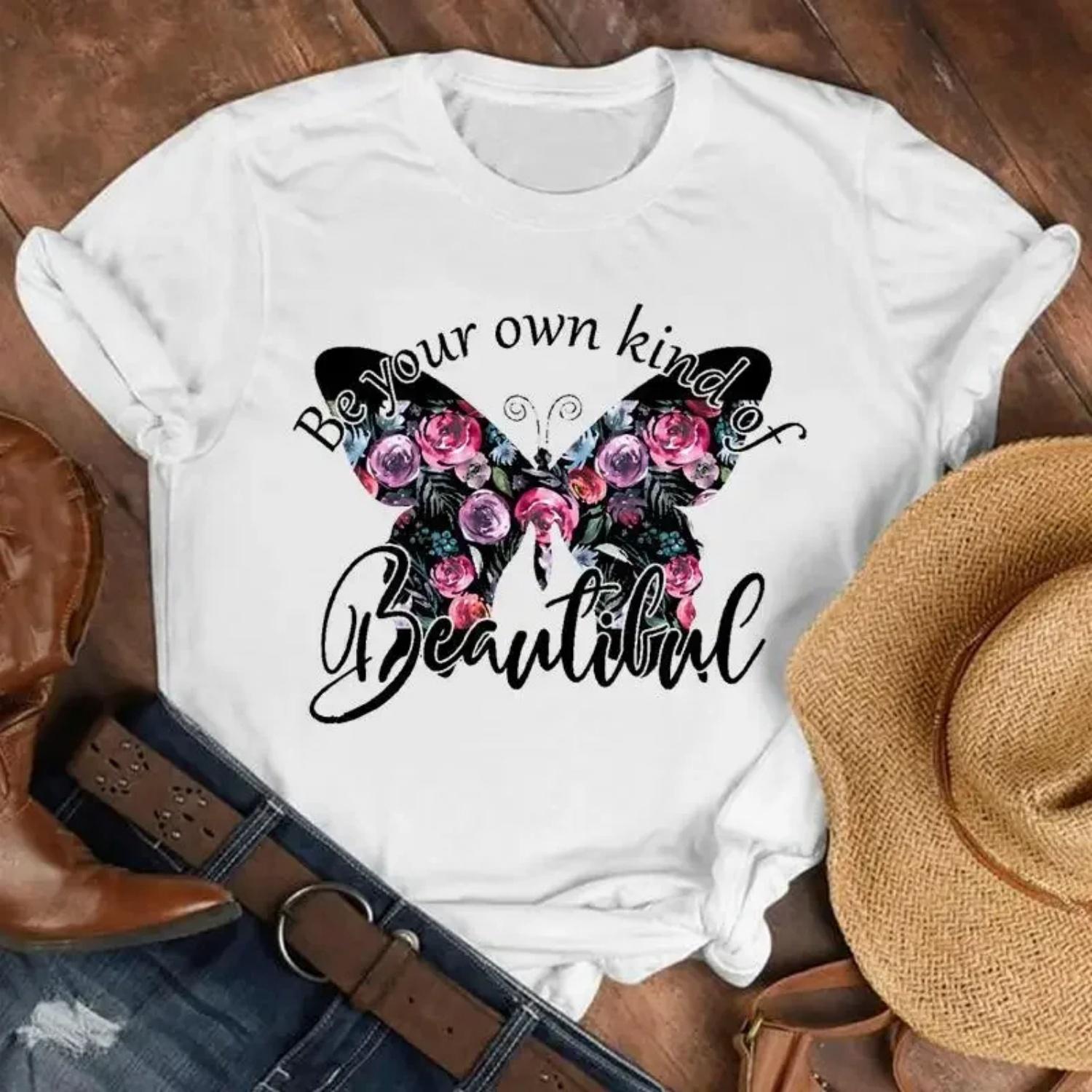 Elegant Floral Butterfly Pattern Printed White T-Shirt round Neck Short Sleeve Women s Fashion Street Cross-Border Wish Ebay S