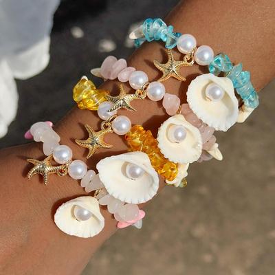 Summer New Beach Vacation Style Translucent Gravel Pearl Shell Pendant Bead Bracelet for Women, Cute Fresh Bracelet Set
