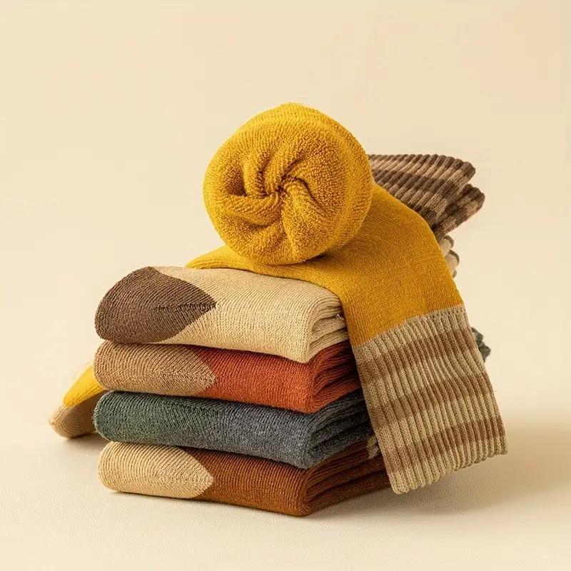 10 Double Autumn Winter Women Thick Middle Tube Socks Comfortable Warm Fashionable Striped Casual Terry-Loop Socks