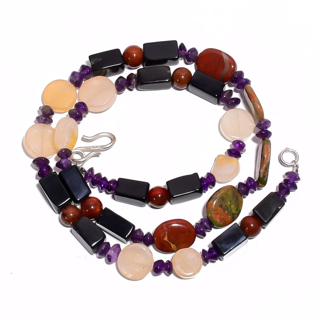 Natural Black Onyx Amethyst Aventurine Gemstone Smooth Beads Necklace 17" UB4614 UB-4614