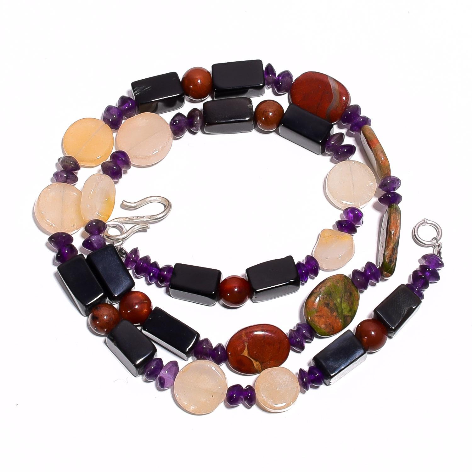 

Natural Black Onyx Amethyst Aventurine Gemstone Smooth Beads Necklace 17 UB4614 UB-4614