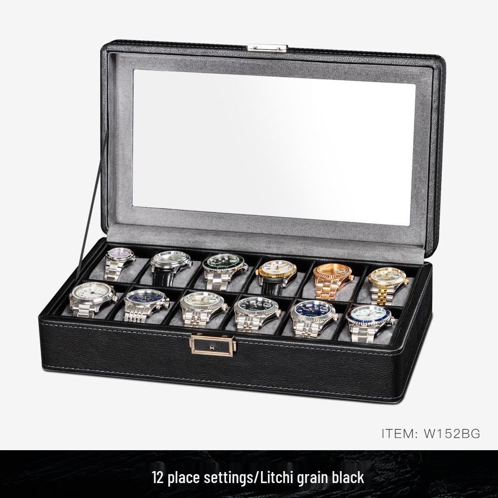 Lychee Grain PU Leather Watch & Eyeglass Storage Box with Multiple Slots