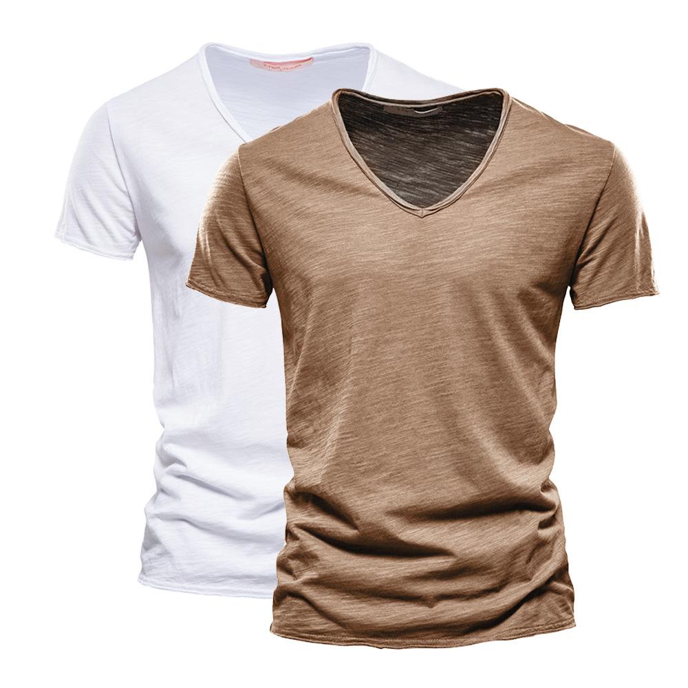 2 PC Summer Men'S New Solid Color Bamboo Cotton V-Neck Short Sleeved Pure Cotton T-Shirt